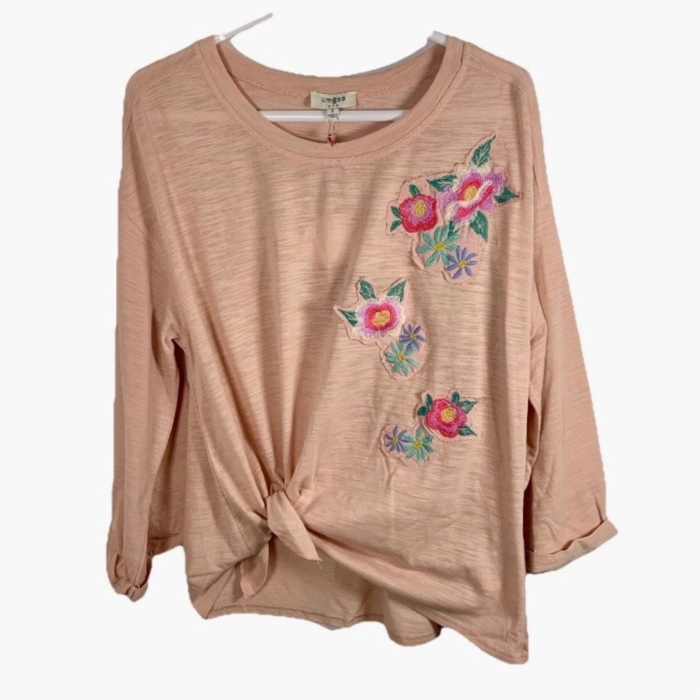 NWT Umgee Floral Top Embroidered Sz S Blush Pink Tie Knot Cottagecore Boho NEW